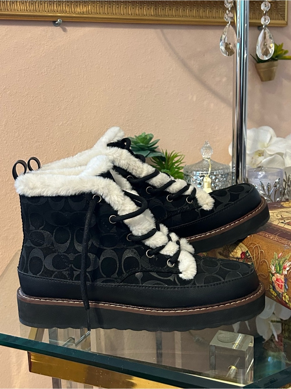 Coach Signature Imani Black White Ankle Booties with Faux Fur Trim Size 8.5